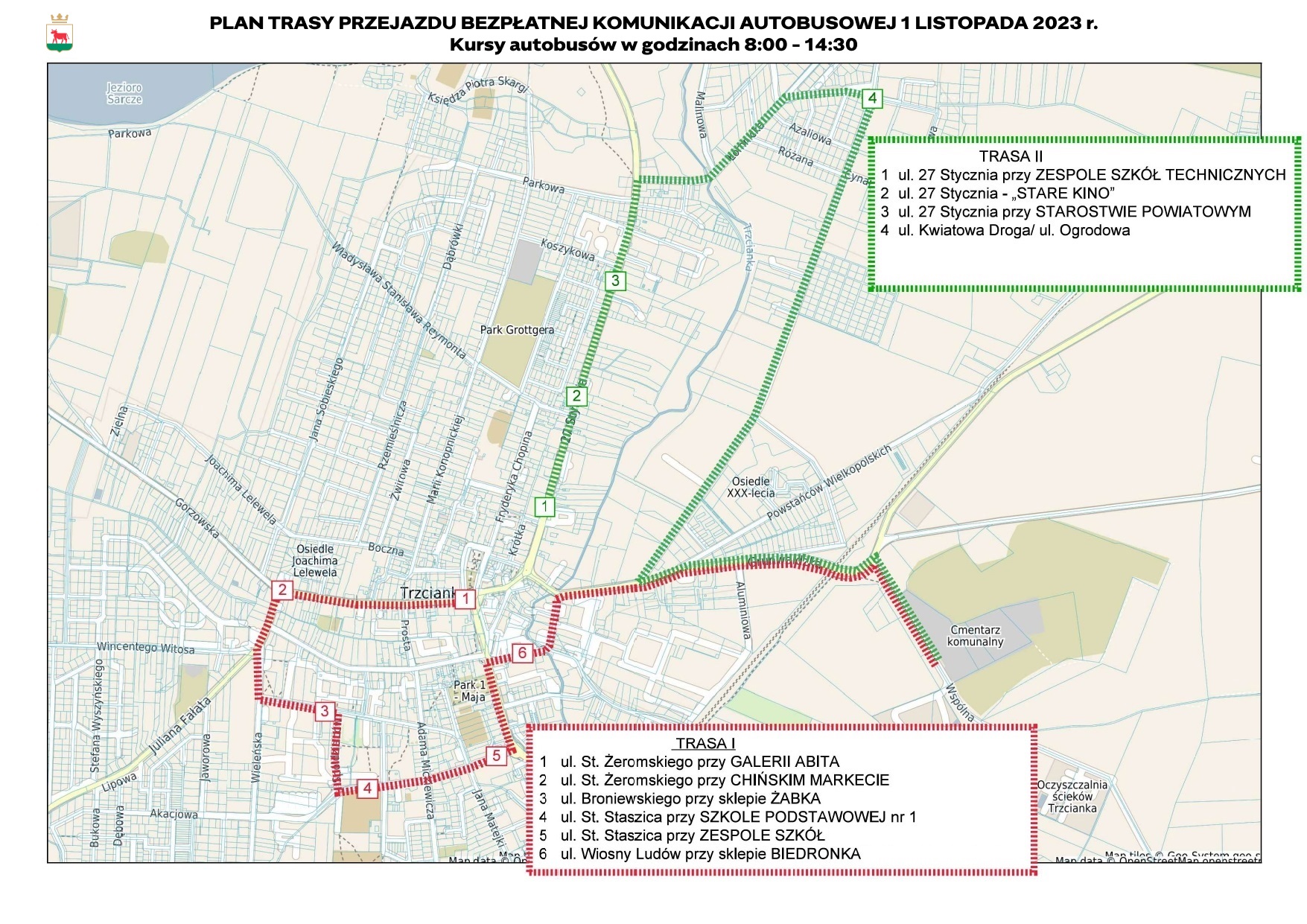 Plan trasy przejazdu bezpłatnej komunikacji autobusowej na dzień 1 listopada 2023 r.